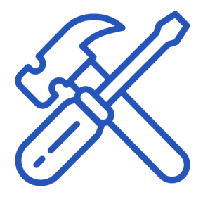 A white wrench and screwdriver crossed on a blue background, symbolizing tools