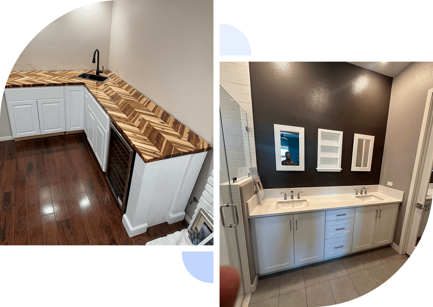 Modern bathroom vanity with a unique wooden countertop and white cabinetry