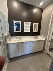 Modern bathroom with double sink vanity.