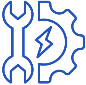 Blue icon showing a wrench and a cogwheel, symbolizing tools and mechanical work.
