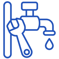 Blue icon of a faucet with a wrench and a water drop, symbolizing plumbing