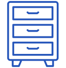 A simple blue line drawing of a three-drawer chest or cabinet on small legs.