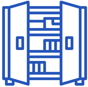 Blue icon of a computer tower with visible internal components and a front panel.
