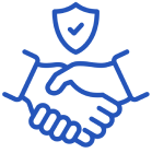 Blue line drawing of two hands shaking with a shield and checkmark